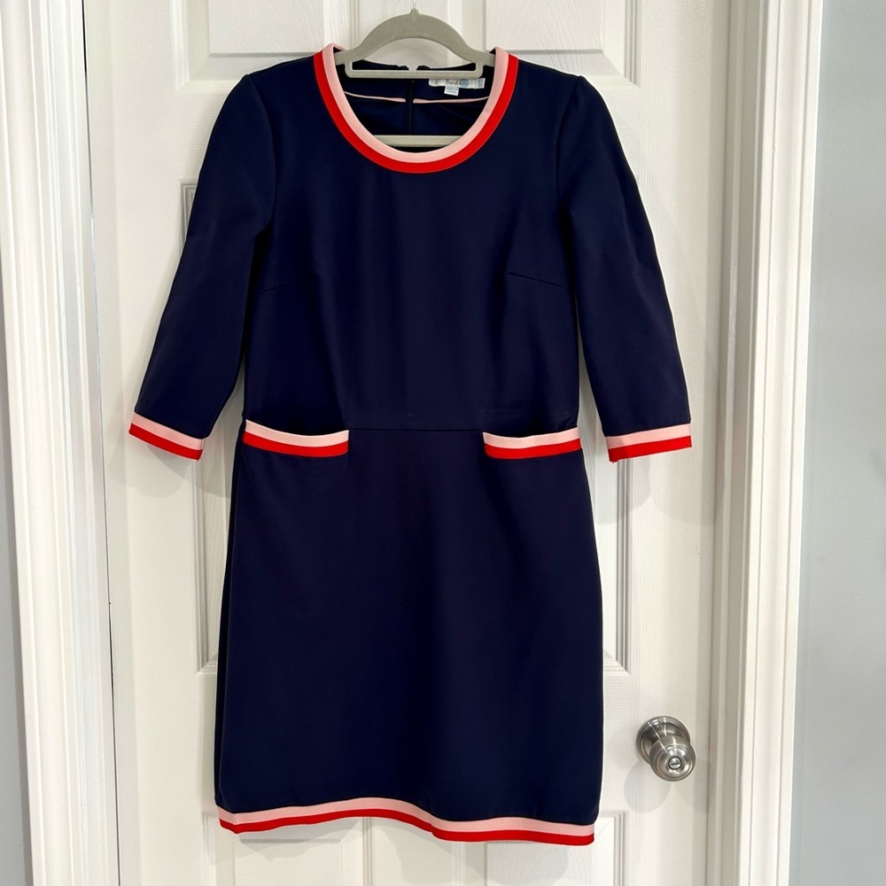 Boden Women Ponte Dress US 6R Navy Round Neck Pink Stretch Pockets 3/4 Sleeve